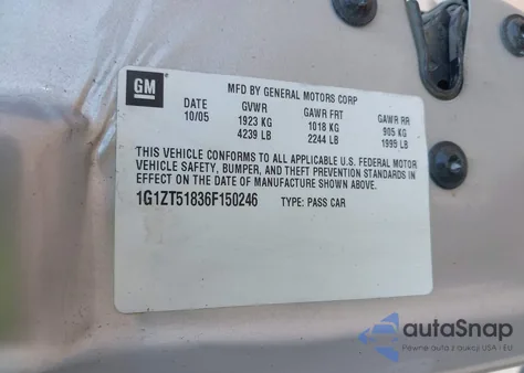 2006 Chevrolet Malibu Lt z USA, uszkodzony, nr VIN 1G1ZT51836F150246